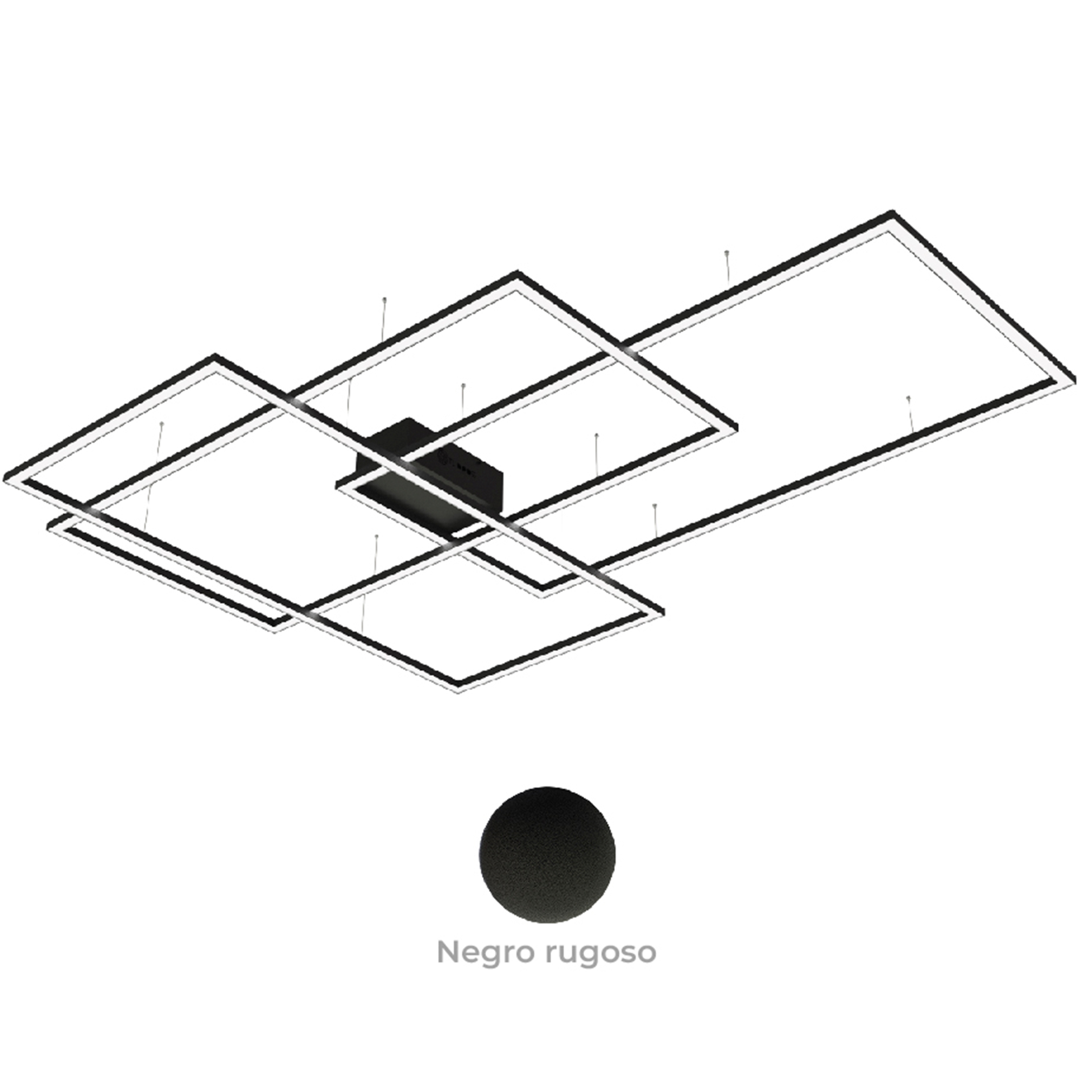 Luminarios suspendidos con tres rectángulos de iluminación en color negro rugoso con iluminación blanco neutro
