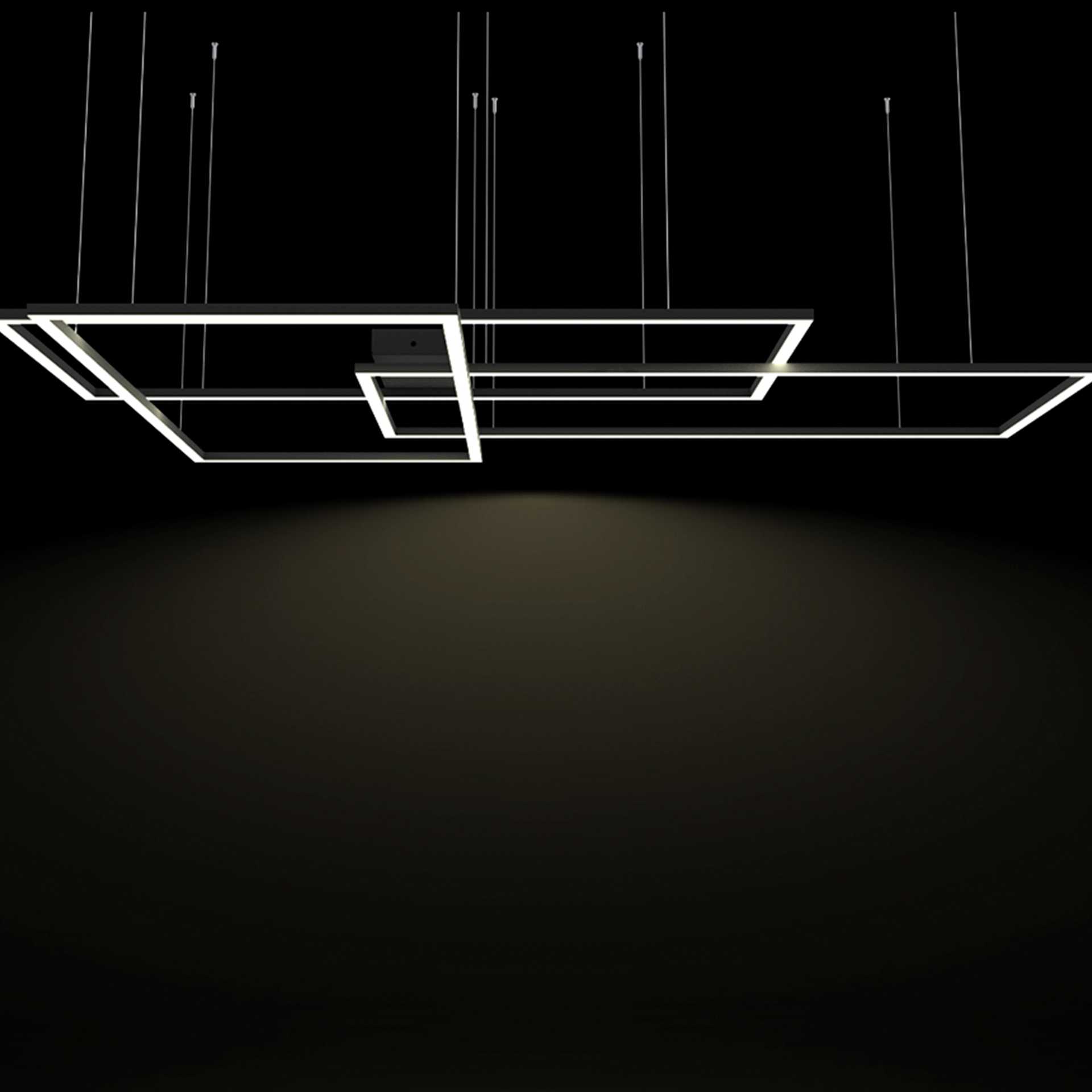Luminarios suspendidos con tres rectángulos de iluminación en color negro con iluminación blanco cálido