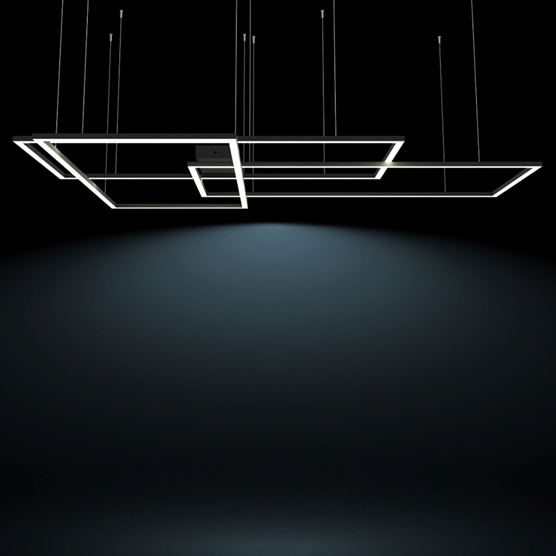 Luminarios suspendidos con tres rectángulos de iluminación en color negro brillante con iluminación luz de día