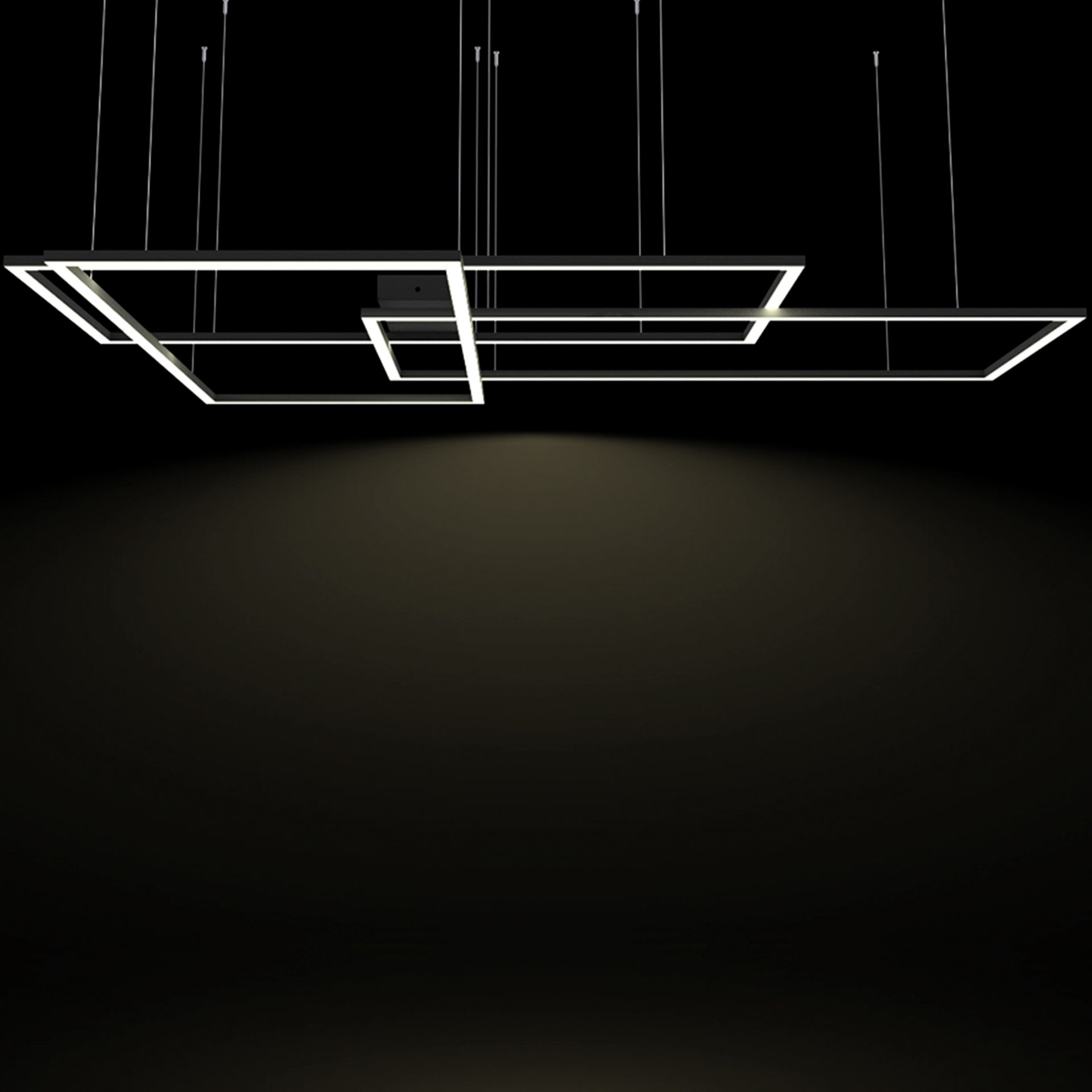 Luminarios suspendidos con tres rectángulos de iluminación en color negro brillante con iluminación blanco cálido