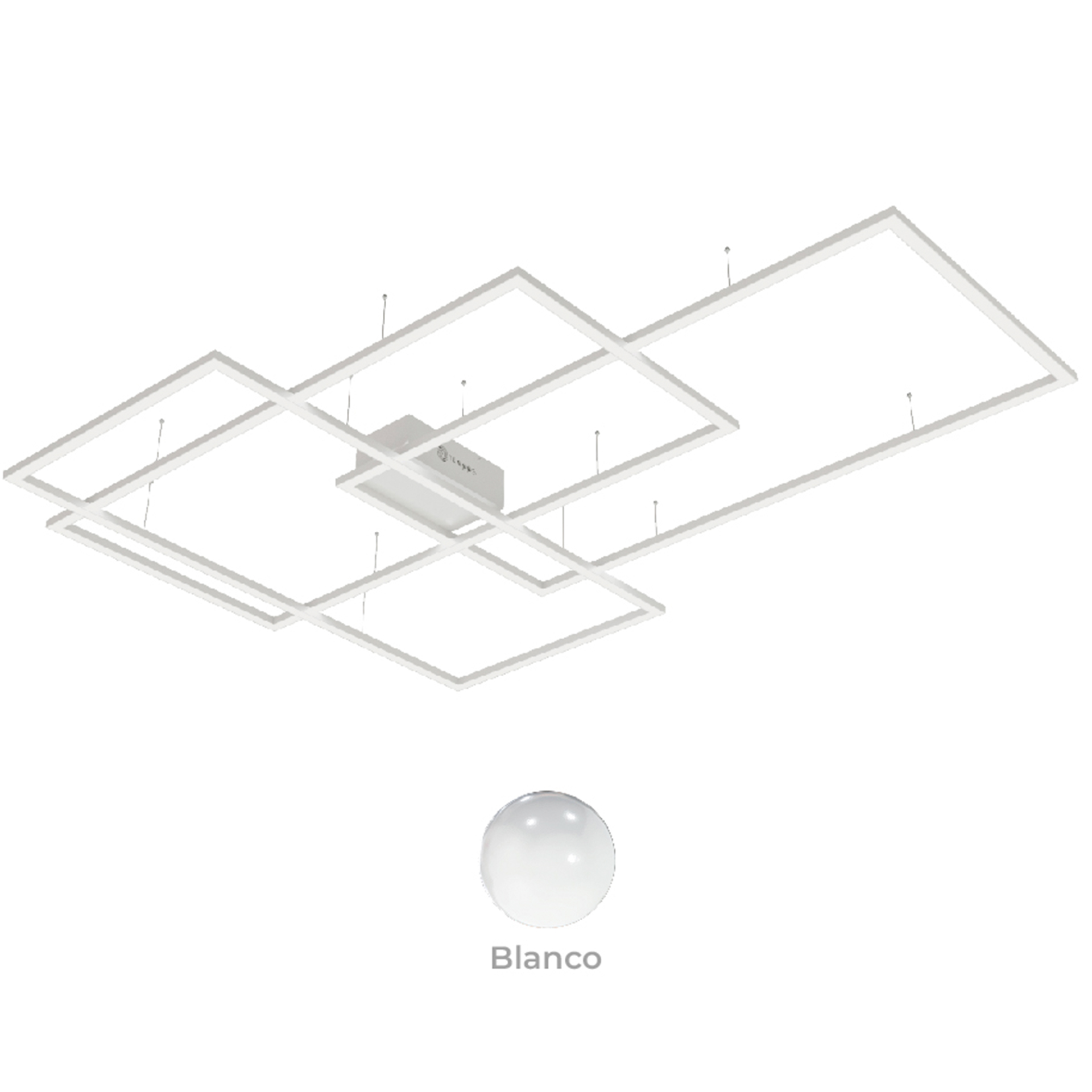 Luminarios suspendidos con tres rectángulos de iluminación en color blanco mate con iluminación blanco cálido
