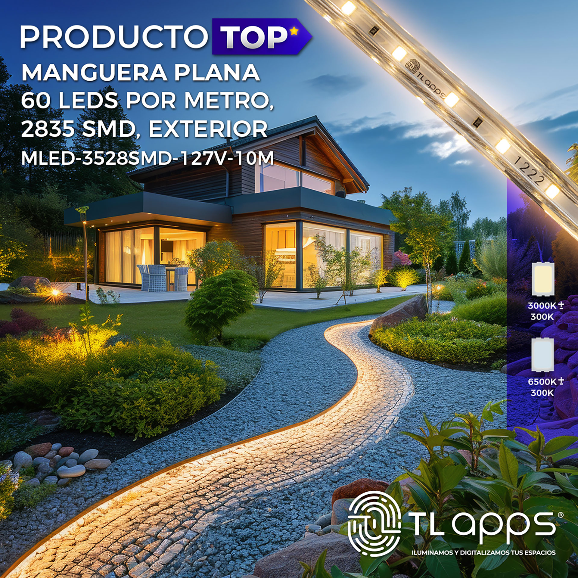Manguera Flexible 60 Leds X Metro, 2835 SMD, Exterior 10 M luz de dia