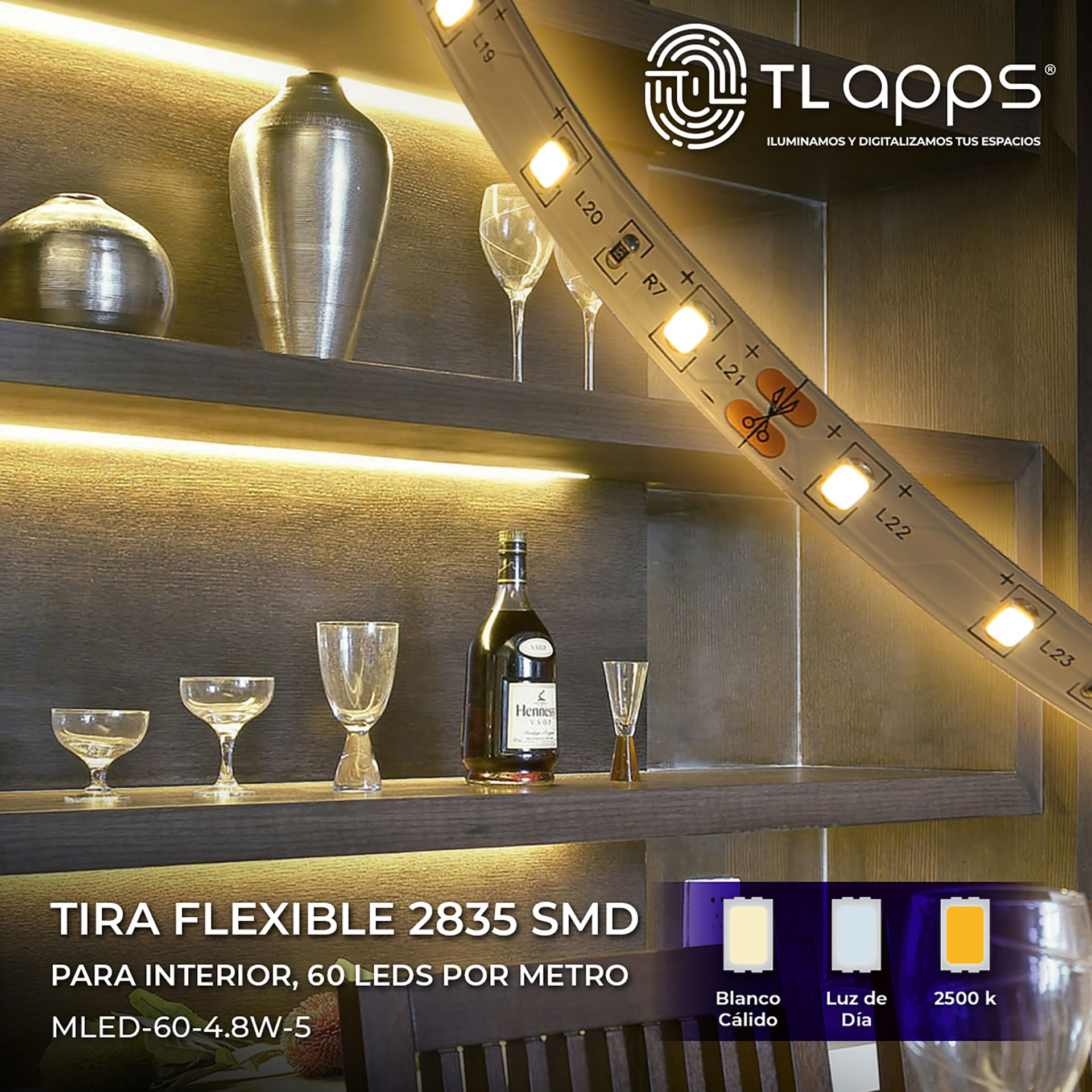 Tira Flexible 60 Leds por Metro, 2835 SMD, Interior Rojo