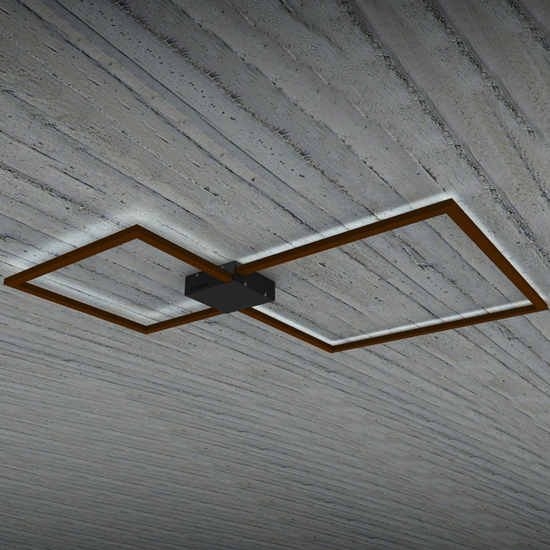 Luminarios de figuras geométricas para muro o techo en color madera obscura con iluminación blanco neutro