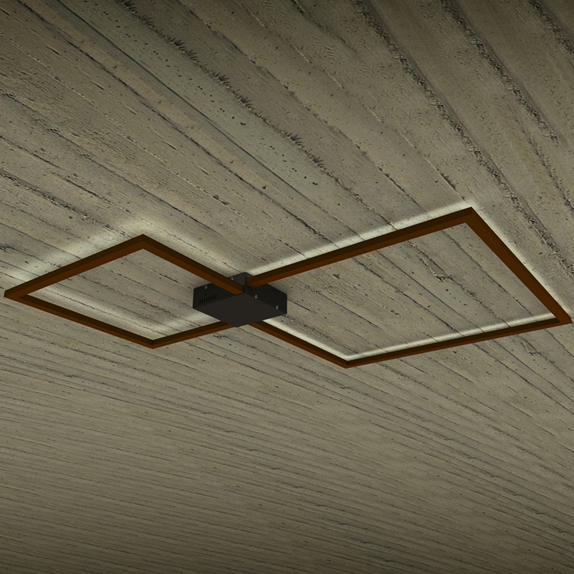 Luminarios de figuras geométricas para muro o techo en color madera nogal con iluminación blanco calido